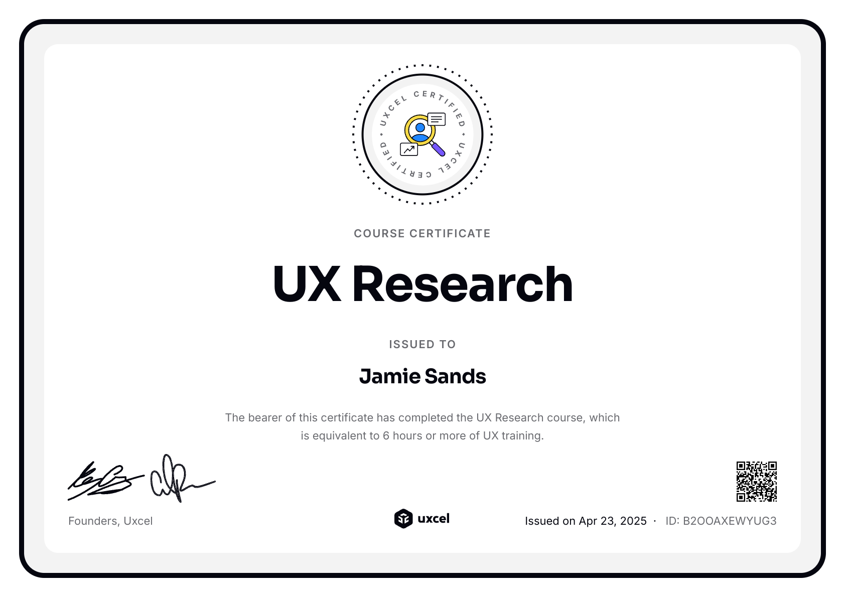 Jamie Sands's certificate